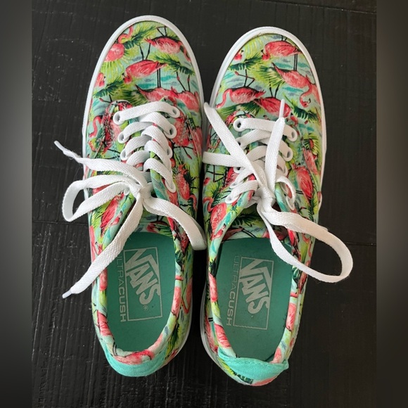Vans Off The Wall Sneakers Womens Size 7 Green Tropical Flamingo Lace Up Shoes - Picture 9 of 10
